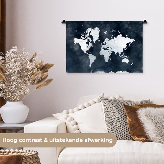 Wandkleed WereldkaartenKerst illustraties - Lichtblauwe en witte wereldkaart voor een achtergrond van donkerblauwe waterverf Wandkleed katoen 60x40 cm - Wandtapijt met foto