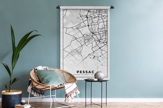Wandkleed - Wanddoek - Kaart - Stadskaart - Frankrijk - Plattegrond - Pessac - Zwart wit - 90x135 cm - Wandtapijt