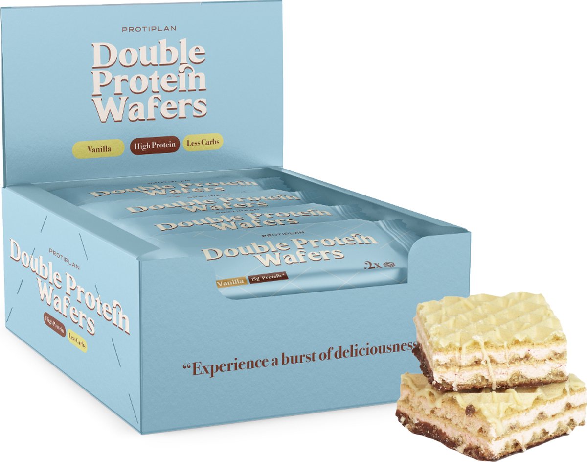 Goedkoopste Protiplan | Double Protein Wafers | Vanilla | 12 Stuks ( Wafel Vanille) | 24 x 20,9 gram | Eiwitrepen | Koolhydraatarme sportvoeding | Afslanken met Proteïne repen | Snel afvallen zonder hongergevoel!