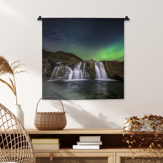 Tenture murale - Tissu mural - Aurores boréales - Cascade - Islande - 60x60 cm - Tapisserie murale