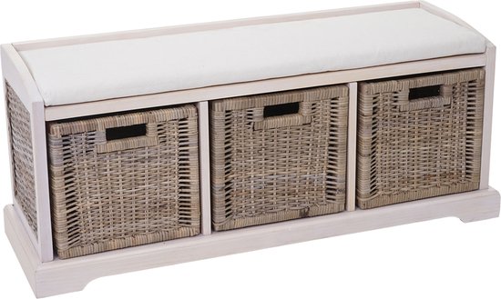Banc Bienne, coffre de rangement, 3 paniers, osier rotin Kubu, 112x46x37cm ~ blanc
