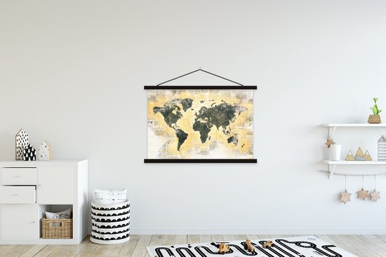Affiche scolaire - Carte du Wereldkaart - Or - Journal - 150x100 cm - Lattes noires