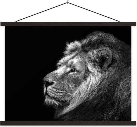 Poster Lion sur fond noir en textielposter noir et blanc lattes noires 120x90 cm - Tirage photo sur plaque scolaire (décoration murale salon / chambre)