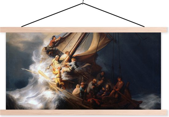 Posterhanger incl. Poster - Schoolplaat - De storm op het meer van Galilea - Rembrandt van Rijn - 150x75 cm - Blanke latten