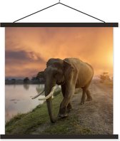 Posterhanger incl. Poster - Schoolplaat - Olifant - Water - Dieren - Zonsondergang - Natuur - 60x60 cm - Zwarte latten