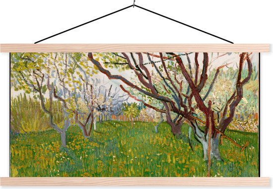 Posterhanger incl. Poster - Schoolplaat - Bloeiende boomgaard - Vincent van Gogh - 150x75 cm - Blanke latten