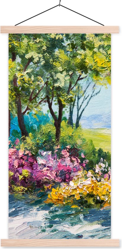 Posterhanger incl. Poster 60x120 cm - Schoolplaat - Schilderij - Planten - Bloemen - Huis - Olieverf - Textielposter - Blanke latten
