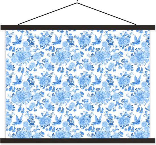 Posterhanger incl. Poster 60x45 cm - Schoolplaat - Bloemen - Patroon - Blauw - Textielposter - Zwarte latten