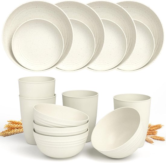 Services de table de camping 4, Assiettes et Échelles, Assiettes en plastique, passe au micro-ondes, passe au lave-vaisselle, Set de Services de table de camping pour Cuisine, RV (beige)