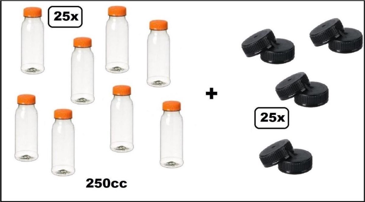 25x Flesje helder 250cc met oranje dop + 25 zwarte doppen - vernieuwd - gerecycled drinken jus sinas fris cola sappen dranken