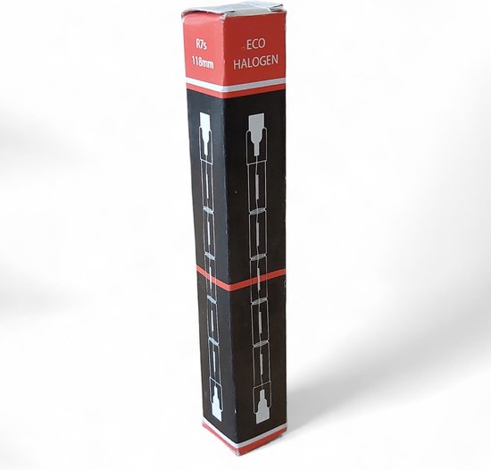 Verpakking van een Schiefer ECO HALOGEEN 118mm R7s lamp. Zwart met rode accenten.