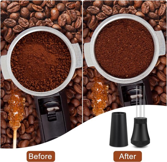 MEION Wdt Espresso Tool, Abnehmbar Espresso Nadel, 0.35mm 7 Espresso Nadel mit 7 Ersatznadeln, Espressorührer für Barista, Aluminiumgriff mit Ständer (Schwarz