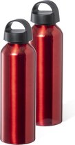 Bellatio Design Waterfles/drinkfles/sportfles - 2x - metallic rood - aluminium - 800 ml - schroefdop