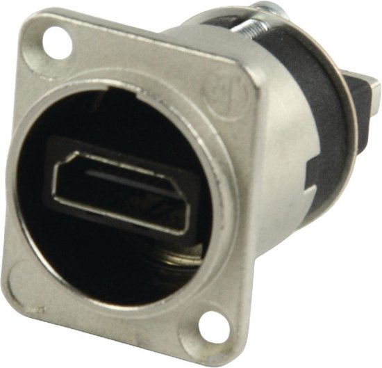 Zilverkleurige HDMI-adapter met zwarte connector in een D-vormige behuizing.