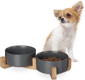 Relaxdays dubbele hondenvoerbak - keramische eetbak 850 ml - hondenbak met bamboe houder - grijs