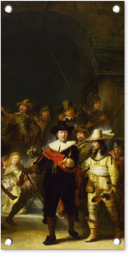 Tuinposter De Nachtwacht - Rembrandt van Rijn - 30x60 cm - Tuindoek - Buitenposter