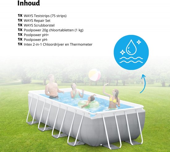 Een gezin geniet van een rechthoekig Intex-framezwembad, met een illustratie van waterdruppels en sterren.