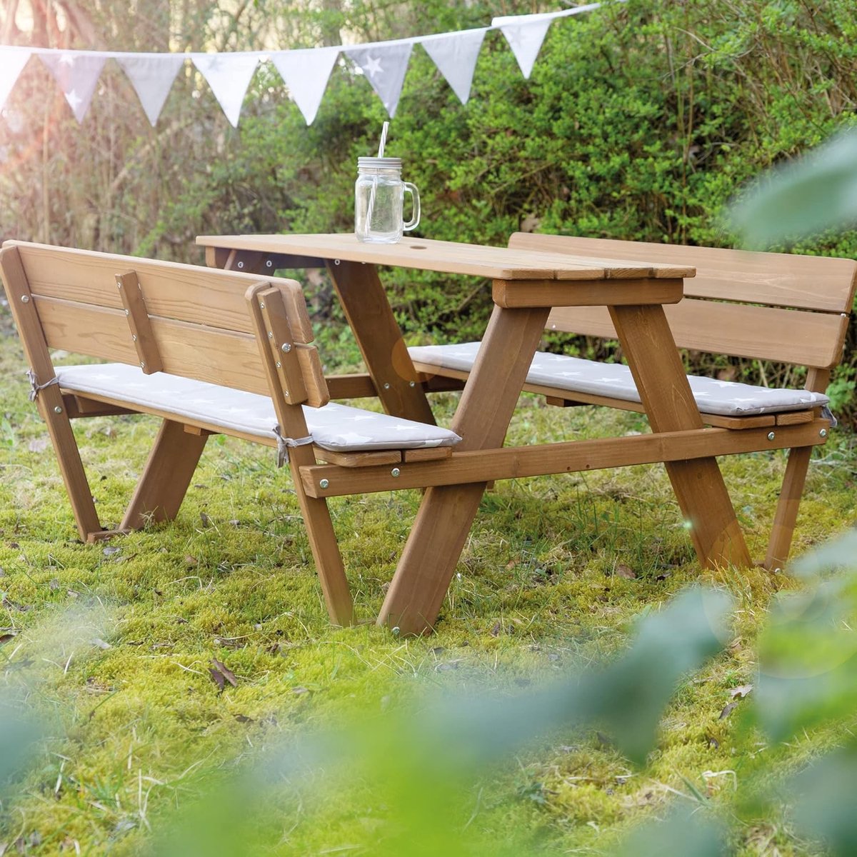 Outdoor kinderzitgroep 'Picknick for 4' Outdoor +, met rugleuningen, zitgarnituur met 2 banken, 1 tafel, massief hout, voor binnen en buiten, weerbestendig, bijzonder duurzaam