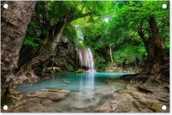 Tuindecoratie Jungle - Waterval - Planten - Water - Natuur - 60x40 cm - Tuinposter - Tuindoek - Buitenposter