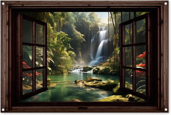 Tuinposter 120x80 cm - Tuindecoratie Waterval - Doorkijk - Jungle - Landschap - Natuur - Donkerbruin raam - Poster voor in de tuin - Buiten decoratie - Schutting tuinschilderij - Tuindoek muurdecoratie - Wanddecoratie balkondoek