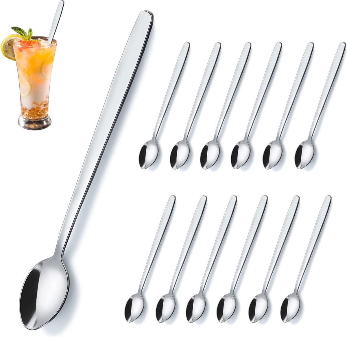 Latte macchiato-lepels, 12 stuks koffielepelset (8,3"/21 cm), vaatwasmachinebestendig, theelepel, lattelepel, dessertlepel, koffielepel, ijslepels en lange theelepels voor keuken en