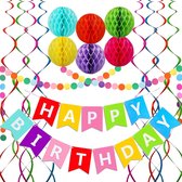 16 Delig - Vrolijke Regenboog Verjaardagsdecoratie Set - Herbruikbaar - Happy Birthday Banner, Honingraatballen, Metallic Hangende Swirls en Cirkel Papieren Slinger