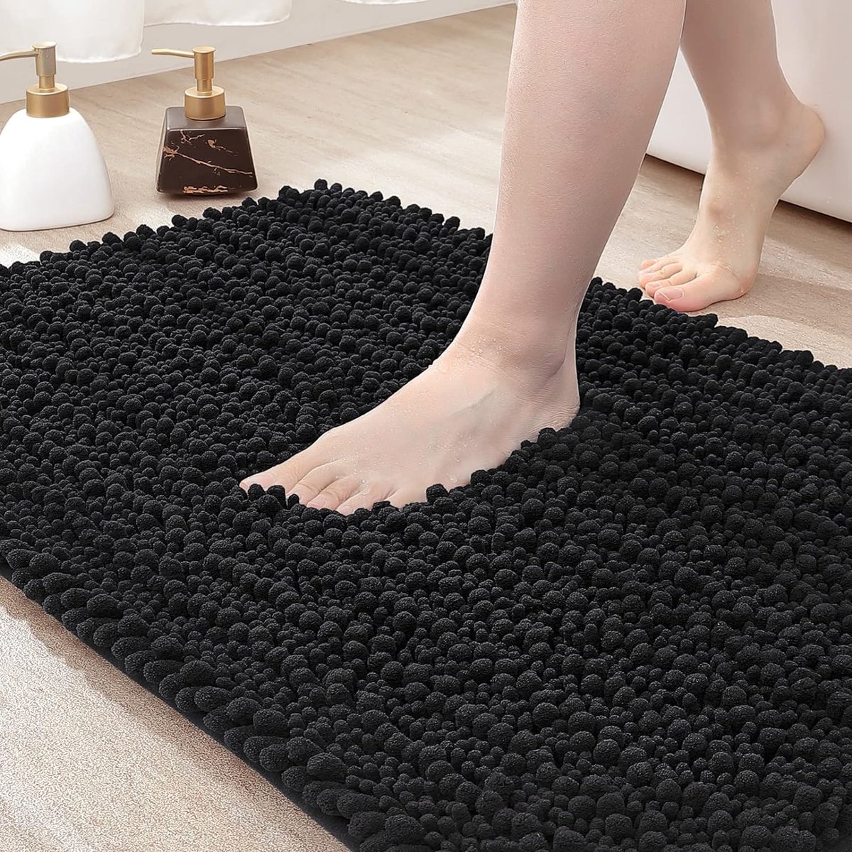 Chenille Badkamertapijt, 40 x 60 cm, antislip, zachte badmat, machinewasbaar, microvezel, absorberend badtapijt voor badkuip, douche en badkamer, zwart