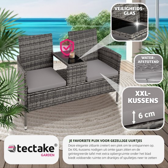 tectake® - wicker tuinbank met tafel, 2-zitsbank, 131 x 61 x 82 cm, bank voor tuinbalkon en terras, tuinbank inclusief zitkussen - grijs/lichtgrijs - poly-rattan - Tectake