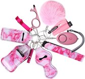 Self Defense Sleutelhangerset voor vrouwen, 8-in-1 zelfverdedigingssleutelhangerset, veiligheidsalarm, veiligheidshamer met gordelsnijder (roze)