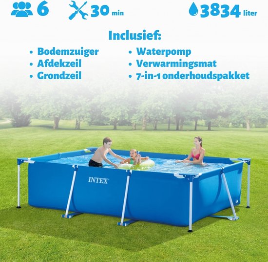 Intex rechthoekig blauw zwembad van 300 x 200 x 75 cm, met 6 personen en 3834 liter water. Inclusief bodemzuiger, afdekzeil, grondzeil, waterpomp, verwarmingsmat en 7-in-1 onderhoudspakket.