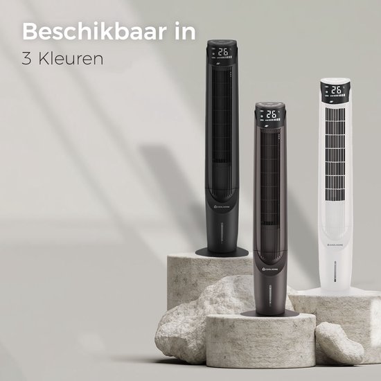 Zwarte, donkergrijze en witte CoolHome torenventilatoren op decoratieve stenen.