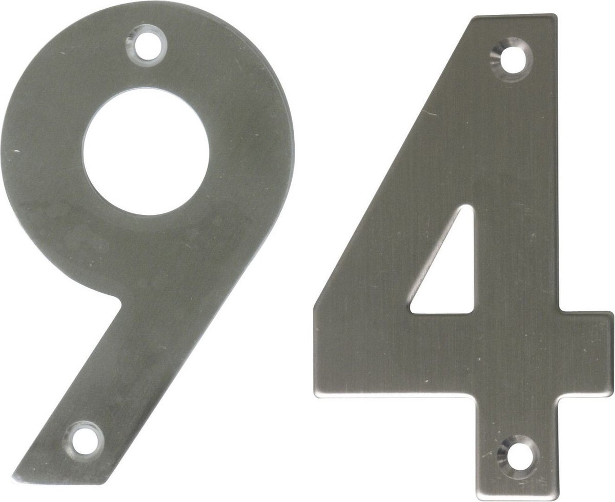 AMIG Huisnummer 94 - massief Inox RVS - 10cm - incl. bijpassende schroeven - zilver