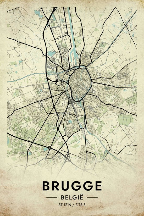 Brugge Poster Vintage | Brugge Map | Kaart van Brugge | Stadposter | 61x91cm | Wanddecoratie | Muurposter | Geschikt om in te lijsten