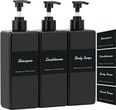 Shampooflessen om te vullen, 3 stuks 500 ml zeepdispenser met pompkop, aparte waterdichte sticker, voor het meervoudig vullen van shampoo, conditioner, handdesinfectiemiddel, zwart