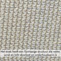 Close-up van beige schaduwdoek met fijnmazige structuur die water, wind en licht doorlaat.