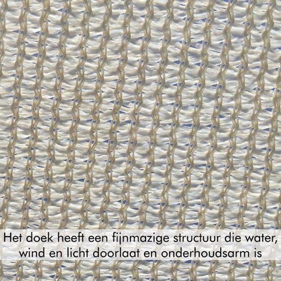 Close-up van beige schaduwdoek met fijnmazige structuur die water, wind en licht doorlaat.