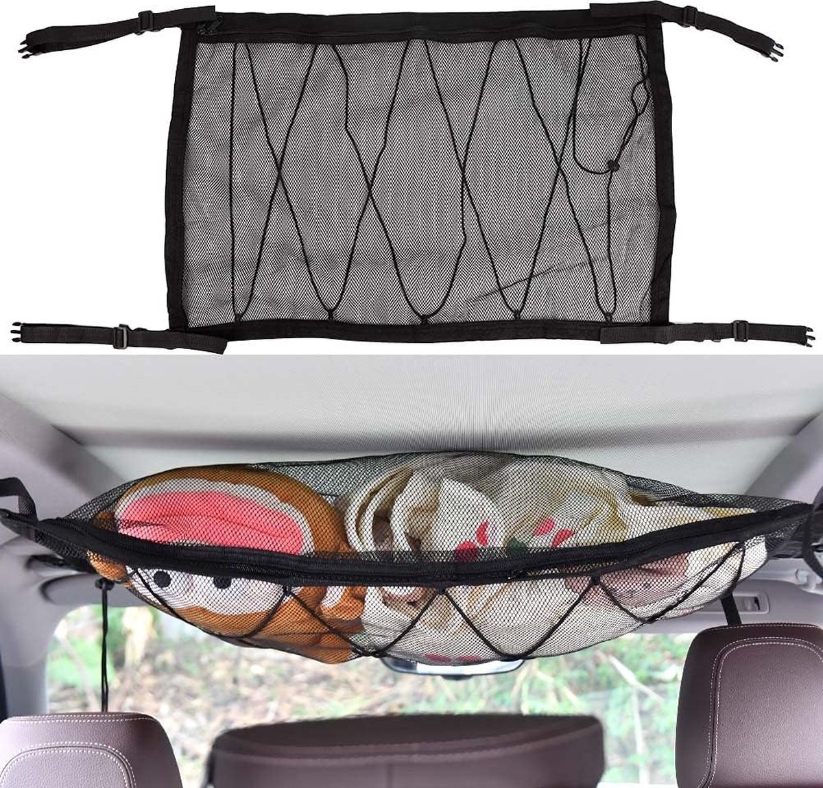 Autodakbagagenet, 80 x 54 cm Autobagagenetopslag, Autoplafondnettas met twee autostoelhaken, tweewegritssluiting, bagagenet voor auto's Vier dakarmleuningen, SUV, bestelwagen, vrachtwagen