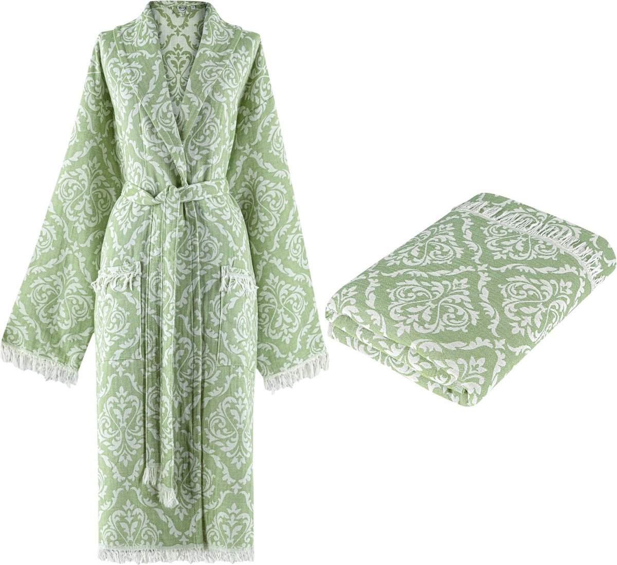 Trimita Barok - Badjas en Hamamdoek Set - 100% Turks Katoen - Heerlijk Zacht, Licht en Handgemaakt - Perfect voor Thuis, Sauna of Spa - Maat L/XL - Groen