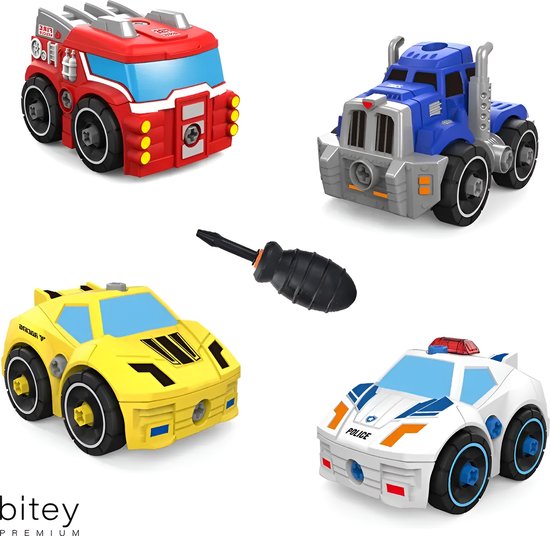 Bitey - Montessori Speelgoed - City Cars Compleet set met 4 Autovoertuigen - Educatief - Speelgoed - Sensorisch Speelgoed - Ontwikkeling - Kind - Leerzaam - Kinderspeelgoed - Speelgoed 3 jaar