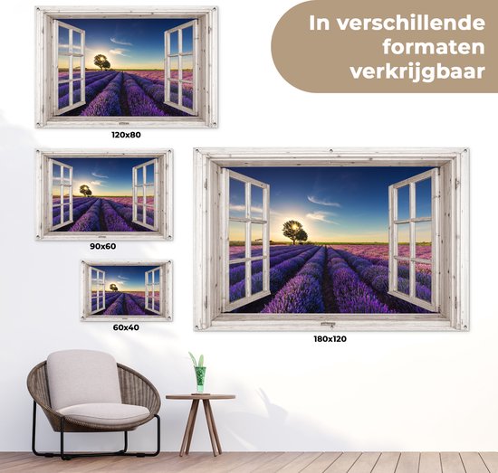 Poster de jardin Look-through - Lavande - Arbre - Fenêtre - Coucher de soleil - 60x40 cm