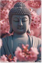 Muurdecoratie Boeddha - Beeld - Sakura - Buddha - Kersenbloesem - 120x180 cm - Tuinposter - Tuindoek - Buitenposter