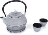 Theeservies van gietijzer, theepot 1,1 l met afneembare zeef, theemaker met onderzetter, theepotset in vintage design voor het bereiden van losse thee, grijs