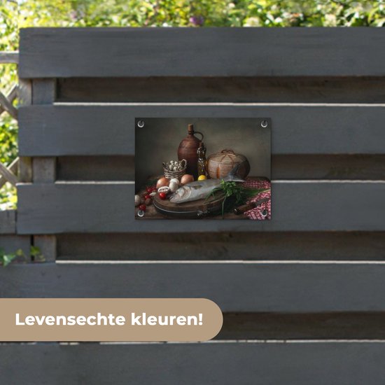 Décoration de Jardin Rustique - Poisson - Nature morte - Légumes - Herbes - 40x30 cm - Toile de jardin - Affiche extérieure