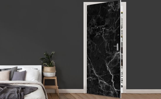Deurposter 90x205 cm - Deursticker Marmer - Zwart - Wit - Textuur - Marmerlook - Meubelfolie zelfklevend - Deurfolie woonkamer - Interieurfolie fotobehang - Deur plakfolie - Deurstickers - Deurbehang sticker - Kamer decoratie