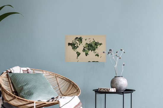 Sticker Muursticker Cartes du monde du Wereldkaart motif de feuilles sur fond couleur sable - 30x20 cm - Film adhésif autocollant - Sticker mural repositionnable