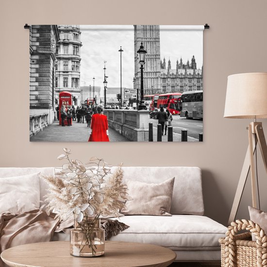 Wandkleed Rood zwart wit - Zwart-wit foto van een vrouw in een rode jurk Wandkleed katoen 120x80 cm - Wandtapijt met foto