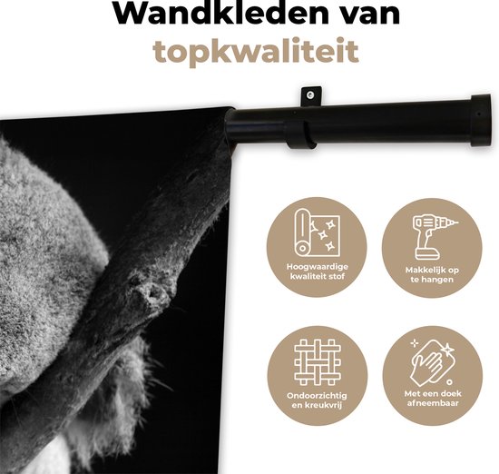 Wandkleed - Wanddoek - Slapende koala op zwarte achtergrond in zwart-wit - 60x40 cm - Wandtapijt