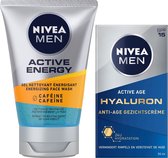 Geschenkset Nivea men: Active Energy Reinigingsgel 100ml en Anti-Age – Gezichtscrème – Normale en rijpe huid – SPF 15 – Met hyaluronzuur – 50 ml