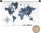 Wandkleed WereldkaartenKerst illustraties - Donkerblauwe wereldkaart met vlekken en donkerblauwe windroos op een witte achtergrond Wandkleed katoen 60x40 cm - Wandtapijt met foto