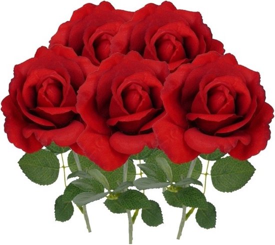 5x rode rozen van polyester - 37 cm - Valentijn / Bruiloft rode kunstrozen